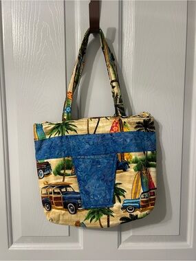 Handmade Tropical Surf Canvas Tote Bag in Blue and Cream